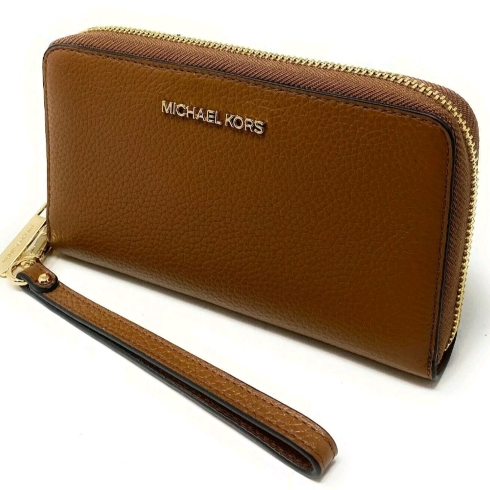 Michael Kors Jet Set Travel Phone Case Wallet Wristlet Brown Leather Luggage